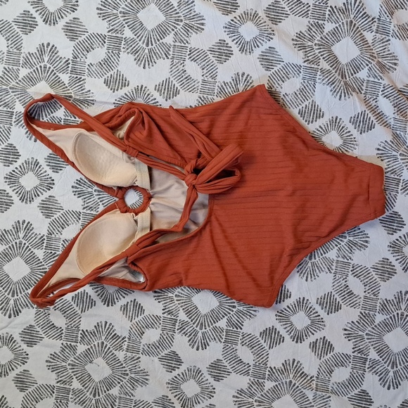 Kona Sol wide rib ring front strappy open back one piece in desert orange szS - Picture 4 of 13